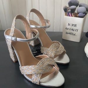 Tan/Silver Metallic Strap Jute Block heel sandals
